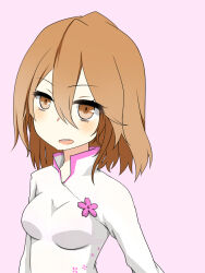 Rule 34 | 1girl, bra visible through clothes, breasts, brown eyes, brown hair, commentary request, dress, floral print, hair between eyes, highres, i.u.y, light blush, looking at viewer, medium breasts, medium hair, misaka worst, open mouth, see-through, see-through dress, simple background, solo, teeth, toaru majutsu no index, toaru majutsu no index: new testament, upper body, upper teeth only, vietnamese dress, white dress