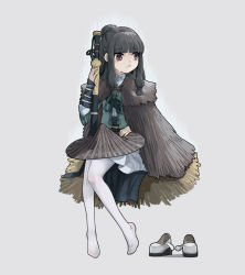 Rule 34 | 1girl, black hair, blunt bangs, brown eyes, brown hat, closed mouth, grey background, hat, highres, looking away, looking to the side, no shoes, original, pantyhose, pleated skirt, rain, sheath, sheathed, shoes, short sleeves, sitting, skirt, solo, sword, unworn hat, unworn headwear, unworn shoes, weapon, wet, wet hair, white footwear, white pantyhose, white ph, white skirt