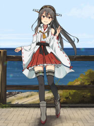 Rule 34 | 1girl, annin musou, black hair, black thighhighs, blue sky, brown eyes, cloud, commentary request, day, detached sleeves, hair ornament, hairclip, haruna (kancolle), haruna kai ni (kancolle), headgear, highres, horizon, japanese clothes, kantai collection, long hair, looking at viewer, nontraditional miko, ocean, outdoors, parted lips, pleated skirt, popped collar, railing, red skirt, ribbon-trimmed sleeves, ribbon trim, skirt, sky, solo, thighhighs