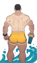 Rule 34 | 1boy, absurdres, arm hair, ass, back, back focus, back hair, bara, cup, dolphin shorts, feet out of frame, from behind, hairy, highres, holding, holding cup, leg hair, male focus, male underwear, male underwear peek, muscular, muscular male, original, selkiro, short hair, shorts, solo, standing, tan, tanline, thick thighs, thighs, topless male, underwear, watch, white male underwear, yellow shorts