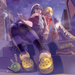Rule 34 | 10s, 2girls, blonde hair, blue eyes, bottle, chuck (psg), cloud, coat, crocs, drinking, earrings, foreshortening, from below, jewelry, long hair, multicolored hair, multiple girls, nail polish, panty &amp; stocking with garterbelt, panty (psg), pomodorosa, revision, scarf, siblings, sisters, sitting, sky, smile, stairs, star (sky), starry sky, stepped on, stocking (psg), striped clothes, striped legwear, striped thighhighs, thighhighs, two-tone hair