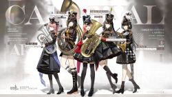 Rule 34 | 5girls, anti-rain (girls&#039; frontline), artist request, black footwear, black gloves, black hair, black headwear, black legwear, black skirt, blue eyes, boots, bow, breasts, character name, closed mouth, commentary, copyright name, dress, dress bow, english commentary, english text, euphonium, eyepatch, feather hair ornament, feathers, french horn, funengliang jieheti, girls&#039; frontline, gloves, green bow, grey eyes, hair ornament, hairband, hat, heterochromia, highres, holding, holding instrument, instrument, long hair, looking at viewer, m16a1 (blazing sun on the ruins) (girls&#039; frontline), m16a1 (girls&#039; frontline), m4 sopmod ii (birdsong in the woods) (girls&#039; frontline), m4 sopmod ii (girls&#039; frontline), m4a1 (girls&#039; frontline), m4a1 (sunshine through the pines) (girls&#039; frontline), marching band, medium breasts, mini hat, multicolored hair, multiple girls, official alternate costume, official art, open mouth, pantyhose, pink hair, promotional art, red bow, red eyes, ro635 (girls&#039; frontline), ro635 (molten moon in the water) (girls&#039; frontline), shoes, skirt, smile, socks, sousaphone, st ar-15 (breeze on a spring day) (girls&#039; frontline), st ar-15 (girls&#039; frontline), standing, standing on one leg, streaked hair, tape, thighhighs, trumpet, tuba, uniform, yellow eyes