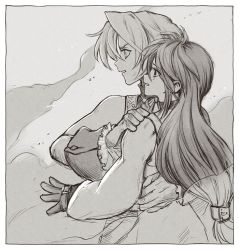 Rule 34 | 1boy, 1girl, arm around waist, bare shoulders, bodysuit, choker, crying, final fantasy, final fantasy ix, garnet til alexandros xvii, gloves, grey background, greyscale, hair between eyes, hand on another&#039;s shoulder, long hair, long sleeves, looking to the side, low-tied long hair, monochrome, parted bangs, parted lips, profile, puffy long sleeves, puffy sleeves, short hair, tears, uboar, upper body, wrist cuffs, zidane tribal