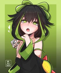 Rule 34 | 1girl, absurdres, artist name, black hair, blush, bow, clothing request, copyright request, female focus, food, fruit, green background, green eyes, heart, heart-shaped pupils, highres, holding, lime (fruit), lime slice, long hair, looking at viewer, mikuneki, open mouth, packet, signature, simple background, solo, symbol-shaped pupils, tagme, teeth, tongue, upper body