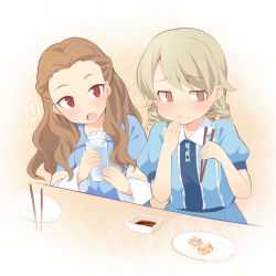 Rule 34 | !, 2girls, :o, :t, bad id, bad pixiv id, blue dress, blush, brown eyes, brown hair, chopsticks, closed mouth, collared dress, cup, dress, drinking glass, eating, food, hand to own mouth, hands up, holding, holding chopsticks, holding cup, idolmaster, idolmaster cinderella girls, light brown hair, long hair, long sleeves, morikubo nono, multiple girls, open mouth, plate, puffy short sleeves, puffy sleeves, red eyes, ringlets, seki hiromi, short sleeves, spoken exclamation mark, sweat, uccow, water
