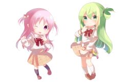 Rule 34 | 2girls, absurdres, alina gray, belt pouch, blush, bow, bowtie, brown footwear, brown skirt, cacao (cacaomgmg), chibi, closed mouth, green eyes, green hair, hair between eyes, hair ornament, hair ribbon, highres, layered sleeves, loafers, long hair, long sleeves, looking at viewer, loose bowtie, magia record: mahou shoujo madoka magica gaiden, mahou shoujo madoka magica, medium hair, misono karin, multicolored hair, multiple girls, one eye closed, open mouth, orange ribbon, paint stains, parted bangs, pink hair, plaid, plaid skirt, pouch, rag, red bow, red bowtie, red wristband, ribbon, sakae general school uniform, school uniform, shirt, shoes, short over long sleeves, short sleeves, side-tie shirt, sidelocks, simple background, single hair ring, skirt, sleeves rolled up, smile, socks, star (symbol), star hair ornament, straight hair, streaked hair, two side up, white background, white shirt, white socks, wing collar