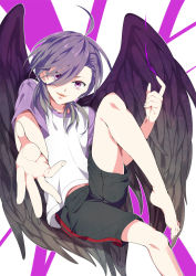 Rule 34 | 1boy, ahoge, angel wings, barefoot, black wings, chitosemaru, hair over one eye, hataraku maou-sama!, knee up, looking at viewer, male focus, monster boy, open mouth, outstretched arm, purple eyes, purple hair, shirt, shorts, simple background, sitting, smile, solo, t-shirt, urushihara hanzou, wings