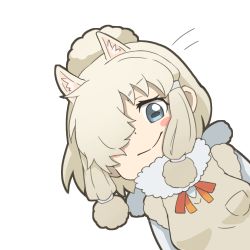 Rule 34 | 10s, 1girl, alpaca ears, alpaca suri (kemono friends), animal ears, blonde hair, blue eyes, blush stickers, breast pocket, closed mouth, commentary request, extra ears, fur scarf, hair over one eye, horizontal pupils, kemono friends, leaning to the side, long sleeves, looking at viewer, medium hair, motion lines, platinum blonde hair, pocket, scarf, simple background, smile, solo, sweater, thin (suzuneya), upper body, white background