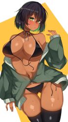 Rule 34 | 1girl, :/, alternate costume, black hair, black one-piece swimsuit, black thighhighs, blush, bob cut, breasts, cleavage, closed mouth, dark-skinned female, dark skin, expressionless, female focus, girls und panzer, gluteal fold, green eyes, green jacket, highres, hoshino (girls und panzer), jacket, kshimu, large breasts, looking at viewer, midriff, navel, off shoulder, one-piece swimsuit, open clothes, short hair, simple background, solo, standing, sweat, swimsuit, unworn swimsuit, thighhighs, thighs, unzipped, white background, yellow background