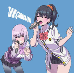 Rule 34 | 2girls, absurdres, black skirt, blue background, blush, bow, bowtie, breasts, closed eyes, commentary request, copyright name, gridman universe, highres, holding, holding microphone, jacket, logo, medium breasts, microphone, miniskirt, multiple girls, music, open mouth, pantyhose, pink hair, pleated skirt, purple jacket, red bow, red bowtie, school uniform, shinjou akane, short hair, singing, skirt, small breasts, ssss.gridman, takarada rikka, thighs, white jacket, yamashita shun&#039;ya