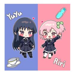 Rule 34 | 2girls, :d, arm at side, arm up, assault lily, black footwear, black hair, black ribbon, black skirt, black thighhighs, blue background, blush, border, bottle, brown footwear, buttons, character name, chibi, closed mouth, clover hair ornament, commentary, cropped jacket, cup, four-leaf clover hair ornament, frilled skirt, frills, full body, hair ornament, heart, high-waist skirt, highres, hitotsuyanagi riri, juliet sleeves, leg ribbon, long hair, long sleeves, miniskirt, multiple girls, neck ribbon, one side up, open mouth, outstretched arm, pink eyes, pink hair, puffy sleeves, purple eyes, ramune, red background, ribbon, saucer, school uniform, shirai yuyu, shirt, shoes, short hair, skirt, smile, standing, symbol-only commentary, teacup, thigh ribbon, thighhighs, two-tone background, very long hair, white border, white shirt, white thighhighs, yui (yui1115 ), yurigaoka girls academy school uniform