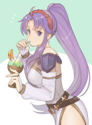 Rule 34 | 1girl, bridal gauntlets, cup, dress, drinking, drinking glass, drinking straw, fire emblem, fire emblem: genealogy of the holy war, fire emblem heroes, from side, highres, kyufe, long hair, looking to the side, nintendo, ponytail, purple eyes, purple hair, side slit, simple background, solo, tailtiu (fire emblem)