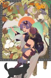 Rule 34 | 0810iepen, 1girl, armor, arrow (projectile), bernadetta von varley, cat, closed mouth, earrings, fire emblem, fire emblem: three houses, food, fruit, gloves, grey eyes, hair ornament, highres, jewelry, long sleeves, nintendo, plant, purple hair, simple background, solo, upper body, yellow gloves