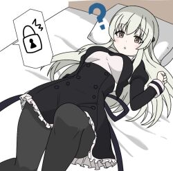 Rule 34 | 1girl, ?, arm at side, assault lily, black pantyhose, black skirt, blush, breasts, brown eyes, cropped jacket, egawa kusumi, feet out of frame, flower, grey hair, hair flower, hair ornament, hair spread out, hand up, high-waist skirt, juliet sleeves, kimassi, knee up, lock, long hair, long sleeves, looking ahead, lying, medium breasts, miniskirt, on back, on bed, pantyhose, parted lips, pillow, puffy sleeves, school uniform, shirt, sidelocks, simple background, skirt, solo, speech bubble, spoken object, white background, white shirt, yurigaoka girls academy school uniform