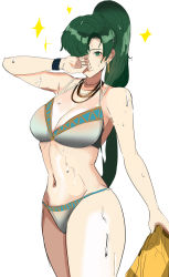 Rule 34 | 1girl, absurdres, bikini, breasts, cleavage, earrings, fire emblem, fire emblem: the blazing blade, green eyes, green hair, hand on own face, highres, jewelry, large breasts, long hair, looking at viewer, lyn (fire emblem), navel, necklace, nintendo, ormille, smile, solo, swimsuit, wet, wristband