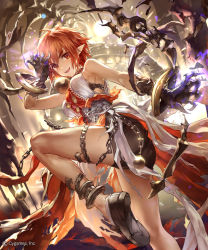 Rule 34 | 1girl, anklet, bra, bra peek, breasts, chain, character request, clawed gauntlets, fang, fighting stance, jewelry, knee up, liiko, looking at viewer, medium breasts, official art, open mouth, orange eyes, orange hair, shadowverse, shoes, short hair, shorts, solo, underwear