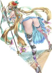 Rule 34 | 1girl, ass, bare shoulders, beach, bent over, blonde hair, breasts, detached sleeves, elegy (granblue fantasy), flower, granblue fantasy, hair flower, hair ornament, high heels, long hair, mask, microphone, red eyes, simple background, single thighhigh, skirt, solo, thigh strap, thighhighs, underboob, water, white background, zunta