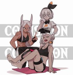 Rule 34 | 3girls, abs, absurdres, animal ears, bad id, bad twitter id, barefoot, bea (pokemon), black bodysuit, black hairband, black nails, bodysuit, bodysuit under clothes, boku no hero academia, boridongja, breasts, character request, cleavage, collarbone, collared shirt, commentary request, commission, creatures (company), crossover, dark-skinned female, dark skin, dynamax band, fingerless gloves, game freak, gloves, grey eyes, hairband, highres, index finger raised, korean commentary, legs up, long hair, mirko, multiple girls, nail polish, nintendo, pointy ears, pokemon, pokemon swsh, print shirt, print shorts, rabbit ears, rabbit girl, red eyes, ring-con, shirt, short hair, short sleeves, shorts, sitting, soles, tied shirt, toes, white hair, yoga mat