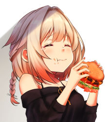 Rule 34 | 1girl, :t, bare shoulders, blonde hair, blush, braid, burger, cevio, cheese, closed mouth, commentary, eating, closed eyes, food, food on face, furrowed brow, holding, holding food, lettuce, long hair, one (cevio), pikao, solo, sparkle, tears, tomato, upper body, white background