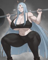 1girl batako_(batakoart) blue_hair blush breasts cleavage curvy dumbbell female_focus highres huge_breasts lipstick long_hair makeup muscular muscular_female nail_polish naruto_(series) naruto_shippuuden navel ootsutsuki_kaguya pale_skin skindentation solo squatting sweat thick_thighs thighs third_eye underboob very_long_hair