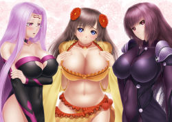Rule 34 | 3girls, black hair, blue eyes, bodysuit, breast suppress, breasts, cleavage, cleavage cutout, clothing cutout, covered navel, fate/grand order, fate/stay night, fate (series), glasses, hair ornament, large breasts, long hair, looking at viewer, masatoki, mata hari (fate), medusa (fate), medusa (rider) (fate), medusa (rider) (third ascension) (fate), multiple girls, navel, purple eyes, purple hair, scathach (fate), smile, square pupils, very long hair