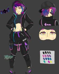 Rule 34 | 1girl, :p, character sheet, hands on own hips, highres, jacket, looking at viewer, mask, non-web source, original, pocket, self-upload, short hair, smile, solo, tomboy, tongue, tongue out, tree, verysmashing
