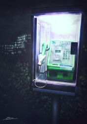 Rule 34 | 1other, blurry, blurry background, bush, disembodied hand, fracoco, highres, holding, holding phone, horror (theme), night, original, outdoors, payphone, phone, phone booth, scenery, signature