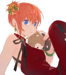Rule 34 | 1girl, blue eyes, bracelet, breasts, earrings, expressionless, gintama, hair ornament, jewelry, kagura (gintama), loli bushi, looking at viewer, nail polish, orange hair, orange nails, pants, red pants, red shirt, shirt, short hair, simple background, sitting, sleeveless, small breasts, solo, stuffed animal, stuffed toy, teddy bear, white background