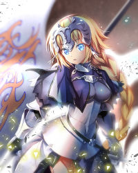 Rule 34 | 1girl, armor, armored dress, arms at sides, belt, black belt, blonde hair, blue eyes, blurry, blurry background, braid, breasts, capelet, chain, collar, commentary request, contrapposto, cowboy shot, eyebrows, fate/apocrypha, fate/grand order, fate (series), faulds, flag, gauntlets, head tilt, headpiece, highres, jeanne d&#039;arc (fate), jeanne d&#039;arc (ruler) (fate), light particles, long hair, looking at viewer, loose belt, medium breasts, metal collar, parted lips, single braid, solo, standing, suishougensou