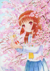 Rule 34 | 2girls, cherry blossoms, efira, fairy, female focus, highres, long hair, mini person, minigirl, multiple girls, nature, original, outdoors, red eyes, red hair, school uniform, size difference, sky, traditional media