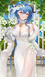 Rule 34 | 1girl, absurdres, ahoge, alternate costume, bad id, bad pixiv id, bare shoulders, bell, blue butterfly, blue hair, breasts, bug, butterfly, choker, cleavage, cowboy shot, dress, elbow gloves, feather boa, flower, ganyu (genshin impact), genshin impact, gloves, grin, hair between eyes, head tilt, highres, horns, insect, large breasts, long hair, looking at viewer, neck bell, purple eyes, shatang86962991, side slit, smile, solo, standing, strapless, strapless dress, thighs, very long hair, white choker, white dress, white flower, white gloves, wrist cuffs