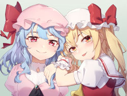 Rule 34 | 2girls, black neckwear, blonde hair, blue hair, bow, closed mouth, collar, dress, flandre scarlet, gem, gradient background, grey background, hair between eyes, hands on another&#039;s shoulders, hands up, hat, hat bow, jewelry, ling huanxiang, looking at viewer, medium hair, mob cap, multiple girls, pink dress, pink eyes, pink headwear, pink sleeves, ponytail, puffy short sleeves, puffy sleeves, red bow, red dress, remilia scarlet, short hair, short sleeves, simple background, smile, tongue, tongue out, touhou, white collar, white headwear, white sleeves, wrist cuffs, yellow eyes, yellow neckwear