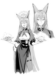 Rule 34 | 1girl, animal ears, blue archive, blush, chest harness, chinese clothes, closed eyes, closed mouth, cropped shoulders, crossed bangs, dress, facing viewer, food, fox ears, fried rice, gourd, greyscale, hair between eyes, halo, harness, highres, hiro (chumo), holding, holding plate, holster, long hair, looking at viewer, monochrome, multiple views, neckerchief, open mouth, pantyhose, plate, rope belt, rumi (blue archive), shoulder holster, simple background, smile, turtleneck dress, white background