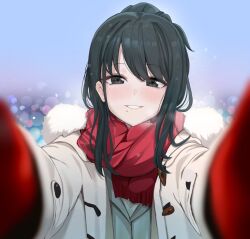 Rule 34 | 1girl, black eyes, black hair, blush, coat, eru (aeeu2243), fur-trimmed coat, fur-trimmed hood, fur trim, gloves, highres, hood, idolmaster, idolmaster shiny colors, kazano hiori, long hair, long sleeves, looking at viewer, meme, mittens, mole, mole under mouth, open clothes, open coat, pov, pov cheek warming (meme), reaching, reaching towards viewer, red gloves, red mittens, red scarf, scarf, smile, upper body, white coat, winter clothes, winter coat, winter gloves
