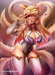 Rule 34 | 1girl, ahri (league of legends), alternate costume, alternate hair color, animal ears, badcompzero, blue eyes, boots, breasts, cleavage, fox ears, fox tail, league of legends, lips, long hair, looking at viewer, magical girl, nail polish, smile, solo, star guardian (league of legends), star guardian ahri, tail, thigh boots, thighhighs, tiara