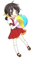 Rule 34 | 1girl, ball, beachball, black hair, blush, brown eyes, chibi, dress, full body, hair bobbles, hair ornament, holding, holding ball, kaai yuki, mary janes, open mouth, red dress, shoes, short twintails, smile, socks, solo, twintails, vocaloid, yoshiki