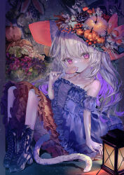 Rule 34 | 1girl, absurdres, animal ears, blue dress, breasts, candy, cat ears, cat girl, cat tail, dress, food, fruit, full body, grapes, grey hair, halloween, hat, highres, lantern, lollipop, long hair, looking at viewer, medium breasts, off-shoulder dress, off shoulder, original, parted lips, pumpkin hat ornament, skirt, slit pupils, swirl lollipop, tail, tito (osakanakana0 0), white hair, witch hat