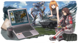 Rule 34 | 2girls, armored core, armored core: brave new world, armored core 3, armored personnel carrier, armored vehicle, bodysuit, box, brown eyes, brown hair, chocolate, coffee, computer, container, cup, double heart, eating, female focus, food, from software, keyboard (computer), laptop, mecha, military, military uniform, military vehicle, mountain, multiple girls, napkin, on box, orange hair, plate, purple eyes, robot, sitting, sitting on box, snow, spoon, uniform, vehicle, victoria (armored core)