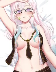 Rule 34 | 1girl, absurdres, airani iofifteen, airani iofifteen (3rd costume), airani iofifteen (military casual), areola slip, armpits, blush, breasts, collarbone, dobure18, earrings, glasses, highres, hololive, hololive indonesia, jewelry, long hair, lying, medium breasts, midriff, navel, necktie, neckwear between breasts, on back, open clothes, paint splatter, paint splatter on face, parted lips, pink hair, purple eyes, solo, virtual youtuber