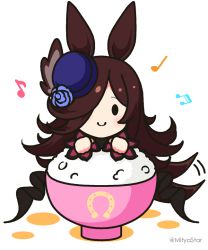 Rule 34 | 1girl, animal ears, beamed sixteenth notes, blue flower, blue hat, blue rose, blush, bowl, brown hair, chibi, closed mouth, commentary request, eighth note, flower, hair over one eye, hat, hat flower, horse ears, long hair, long sleeves, looking at viewer, mitya, musical note, quarter note, rice, rice bowl, rice shower (umamusume), rose, smile, solid oval eyes, solo, tilted headwear, twitter username, umamusume, very long hair, white background