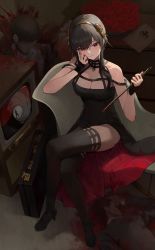 Rule 34 | 1girl, absurdres, bad id, bad twitter id, black dress, black gloves, black hair, black thighhighs, blood, blood on face, blood on wall, bloody weapon, boots, breasts, briefcase, chair, cleavage, closed mouth, commentary, corpse, crossed legs, dagger, dress, elbow rest, english commentary, fingerless gloves, flower, full body, gloves, gold hairband, hair flower, hair ornament, hairband, head rest, high heel boots, high heels, highres, holding, holding dagger, holding knife, holding weapon, knife, ko-ma, large breasts, long hair, lounge chair, murder, red eyes, red flower, red rose, reverse grip, rose, sidelocks, sitting, solo, spikes, spy x family, television, thigh boots, thighhighs, thighs, two-sided dress, two-sided fabric, weapon, yor briar