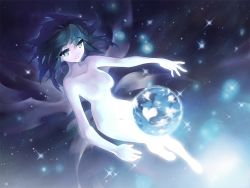 Rule 34 | 1girl, btoor, earth (planet), globe, glowing, green eyes, green hair, gumi, heart, matching hair/eyes, night, nude, open mouth, outstretched arms, planet, short hair, solo, star (symbol), vocaloid