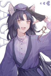 Rule 34 | 1girl, :d, absurdres, animal ears, arknights, black gloves, black hair, character name, commentary request, dog ears, gloves, grey eyes, hand up, hat, heart, highres, japanese clothes, kimono, kotatsu kaya, long hair, long sleeves, looking at viewer, mini hat, open mouth, purple hat, purple kimono, saga (arknights), shirt, simple background, smile, solo, upper body, white background