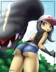 Rule 34 | 1girl, :o, ass, bare legs, baseball cap, blue shorts, cosplay, creatures (company), denim, denim shorts, female focus, from behind, game freak, gen 3 pokemon, hat, hilda (pokemon), hilda (pokemon) (cosplay), legs, look-alike, looking at viewer, looking back, mawile, nintendo, no humans, open mouth, outdoors, personification, pokemon, pokemon (creature), pokemon bw, ponytail, rilex lenov, shorts, sleeveless, solo, tree