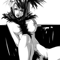 Rule 34 | 1girl, falcoon, feather boa, greyscale, monochrome, original, simple background, solo, tagme, white background