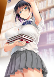 Rule 34 | 1girl, armpits, black-framed eyewear, black hair, blue eyes, blush, book, bookshelf, bow, bowtie, bra, bra visible through clothes, breasts, cle masahiro, collared shirt, earrings, female pubic hair, from below, glasses, glint, grey skirt, highres, holding, holding book, indoors, jewelry, lace, lace-trimmed bra, lace panties, lace trim, large breasts, library, looking at viewer, mole, mole under mouth, multicolored hair, original, panties, pantyshot, parted lips, plaid, plaid bow, plaid bowtie, pleated skirt, pubic hair, purple bow, purple bowtie, purple hair, school uniform, see-through, shirt, shirt tucked in, short hair, short sleeves, sidelocks, skirt, solo, standing, streaked hair, stud earrings, underwear, white bra, white panties, white shirt