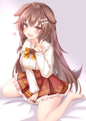 Rule 34 | 1girl, :d, animal ears, bare legs, barefoot, bed sheet, between legs, blush, bone hair ornament, bow, bowtie, braid, breasts, brown hair, claw pose, commentary, dog ears, dog girl, dog tail, eyelashes, hair between eyes, hair ornament, hand between legs, heart, highres, hololive, inugami korone, inugami korone (street), long hair, long sleeves, looking at viewer, medium breasts, medium hair, miniskirt, nail polish, open mouth, orange bow, orange bowtie, pink nails, plaid, plaid bow, plaid bowtie, plaid neckwear, pleated skirt, red eyes, red skirt, shirt, side braids, simple background, sitting, skirt, smile, solo, symbol-only commentary, tail, thighs, twin braids, very long hair, virtual youtuber, wariza, white background, white shirt, yuano