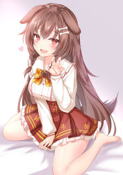 Rule 34 | 1girl, :d, animal ears, bare legs, barefoot, bed sheet, between legs, blush, bone hair ornament, bow, bowtie, braid, breasts, brown hair, claw pose, commentary, dog ears, dog girl, dog tail, eyelashes, hair between eyes, hair ornament, hand between legs, heart, highres, hololive, inugami korone, inugami korone (street), long hair, long sleeves, looking at viewer, medium breasts, medium hair, miniskirt, nail polish, open mouth, orange bow, orange bowtie, pink nails, plaid bow, plaid bowtie, plaid clothes, plaid neckwear, pleated skirt, red eyes, red skirt, shirt, side braids, simple background, sitting, skirt, smile, solo, symbol-only commentary, tail, thighs, twin braids, very long hair, virtual youtuber, wariza, white background, white shirt, yuano