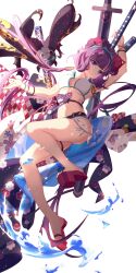 Rule 34 | 1girl, absurdres, ass, bare shoulders, bikini, black hair, blue eyes, bracelet, breasts, cleavage, commentary, dhsauce, fate/grand order, fate (series), floral print, full body, goggles, goggles on head, hair ornament, highres, holding, holding sword, holding weapon, jewelry, katana, katsushika hokusai (fate), katsushika hokusai (swimsuit saber) (fate), leg belt, legs, long hair, looking at viewer, medium breasts, multiple bracelets, multiple swords, multiple weapons, octopus, plum blossom print, sandals, sheath, sheathed, simple background, smile, solo, stomach, swimsuit, sword, sword behind back, thigh strap, thighs, tokitarou (fate), underboob, very long hair, water, weapon, white background, white bikini