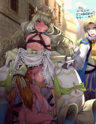 Rule 34 | 1boy, 2girls, alfred (fire emblem), ass, blonde hair, bow, breasts, brother and sister, brown hair, celine (fire emblem), clothed female nude female, clothes lift, cunnilingus, dress, dress lift, etie (fire emblem), fire emblem, fire emblem engage, hair bow, harihisa, kneeling, multiple girls, nintendo, nipples, nude, oral, pussy, shade, siblings, small breasts, smile, stealth cunnilingus, stealth sex, toned, translation request, under skirt, yuri